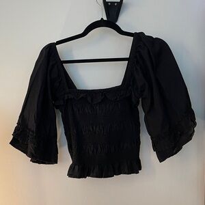 FREE PEOPLE Black Smocked Puff Sleeve Top
